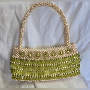 Chic Pearl/Green Beaded Mini Spring Lined Trendy Bag